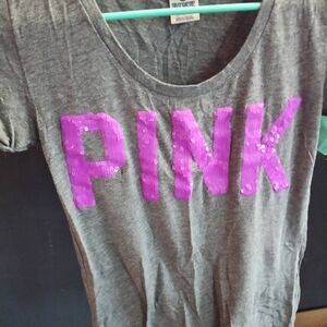 PINK Victoria's Secret Gray Tee with Purple Sequin Logo